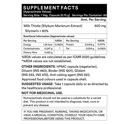 LIFENOW Milk Thistle (80% Silymarin) 600mg, 60 Vegetarian Capsules