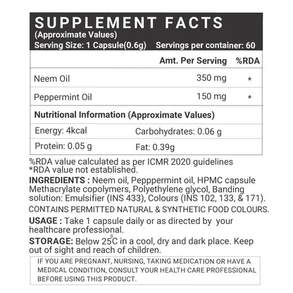 LIFENOW Neem Oil with Peppermint Oil Supplement, Enteric Coated Capsules – 60 Capsules