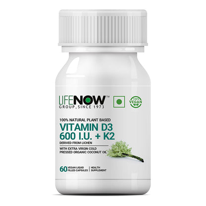 LIFENOW Plant Based Vegan Vitamin D3 K2 Supplement, Lichen Source, 600 IU - 60 Capsules