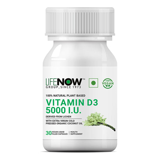 LIFENOW Plant Based Vegan Vitamin D3 from Lichen, 5000 IU - 30 Vegetarian Capsules