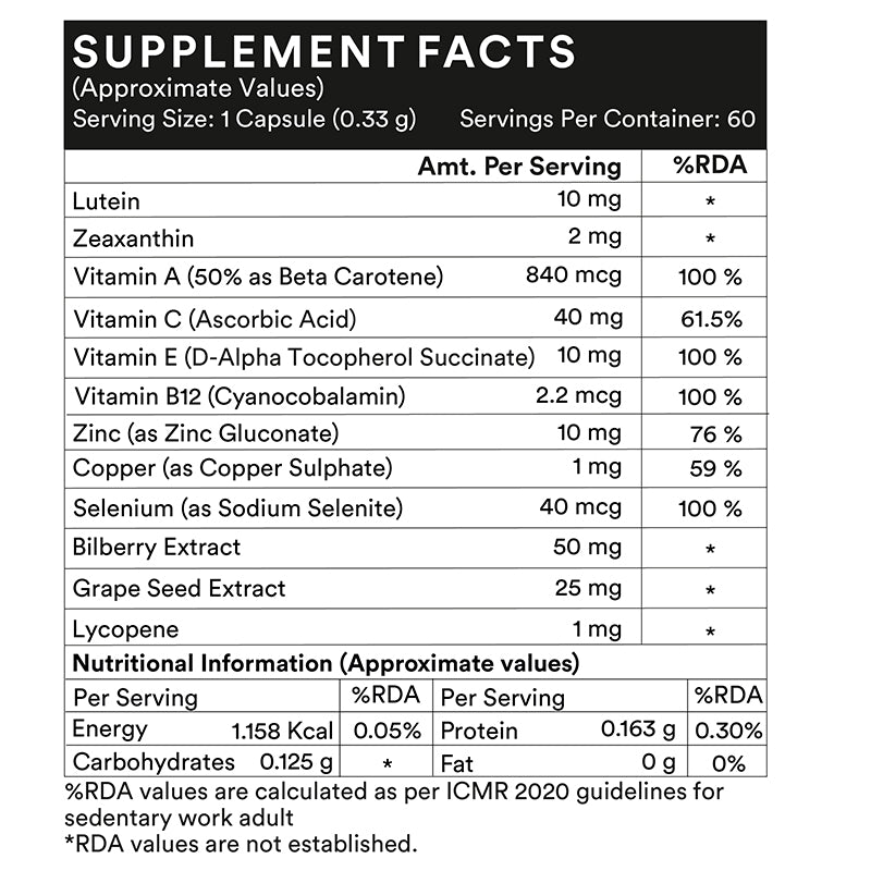 LIFENOW Eye Health Supplement with Bilberry, Zeaxanthin - 60 Vegetarian Capsules