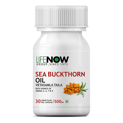 LIFENOW Sea Buckthorn Oil Omega 3 6 7 9 fatty acids Supplement, 500mg (30 Veg. Capsules)