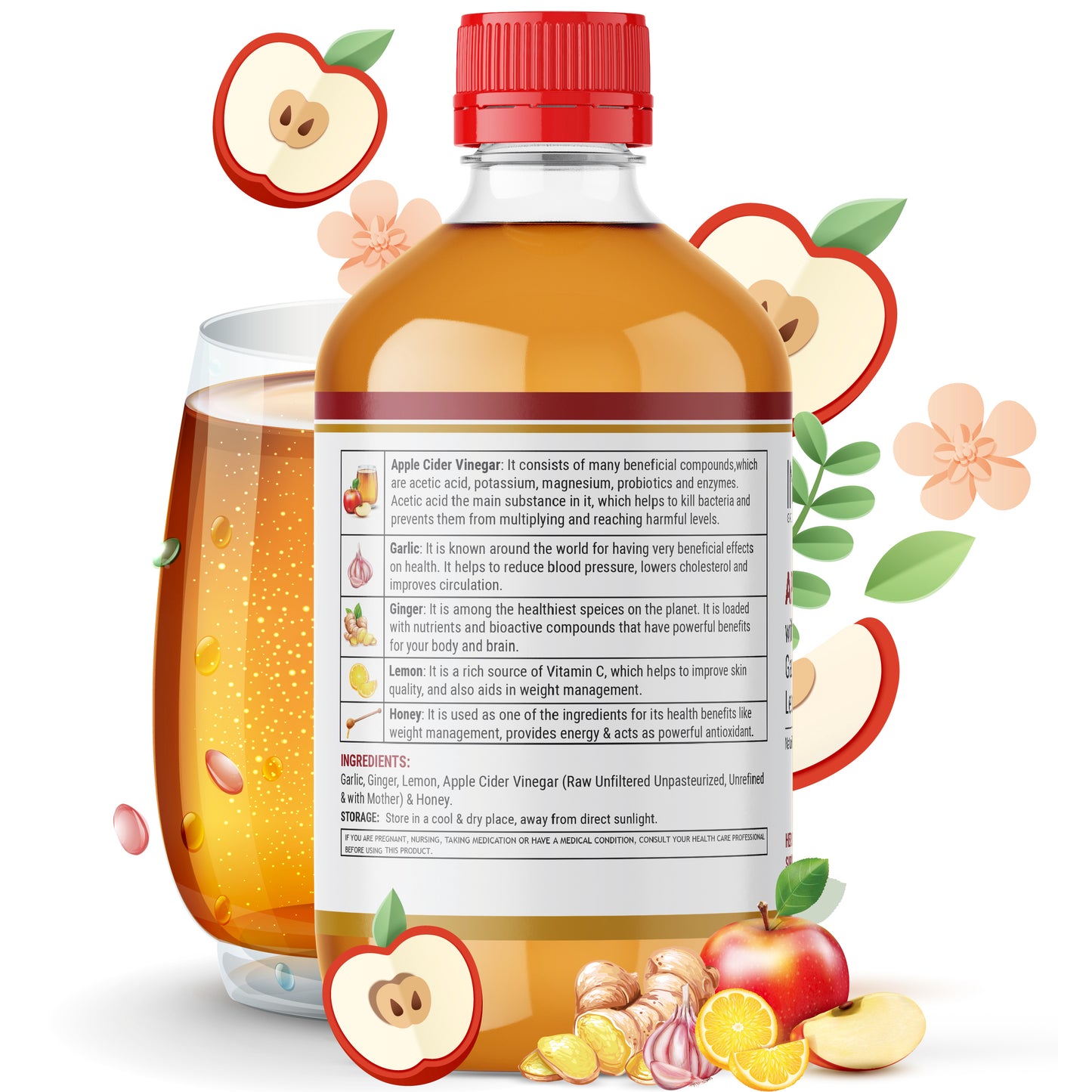 LIFENOW Apple Cider Vinegar with Garlic, Ginger, Lemon, Honey with Mother Vinegar – 500 ml