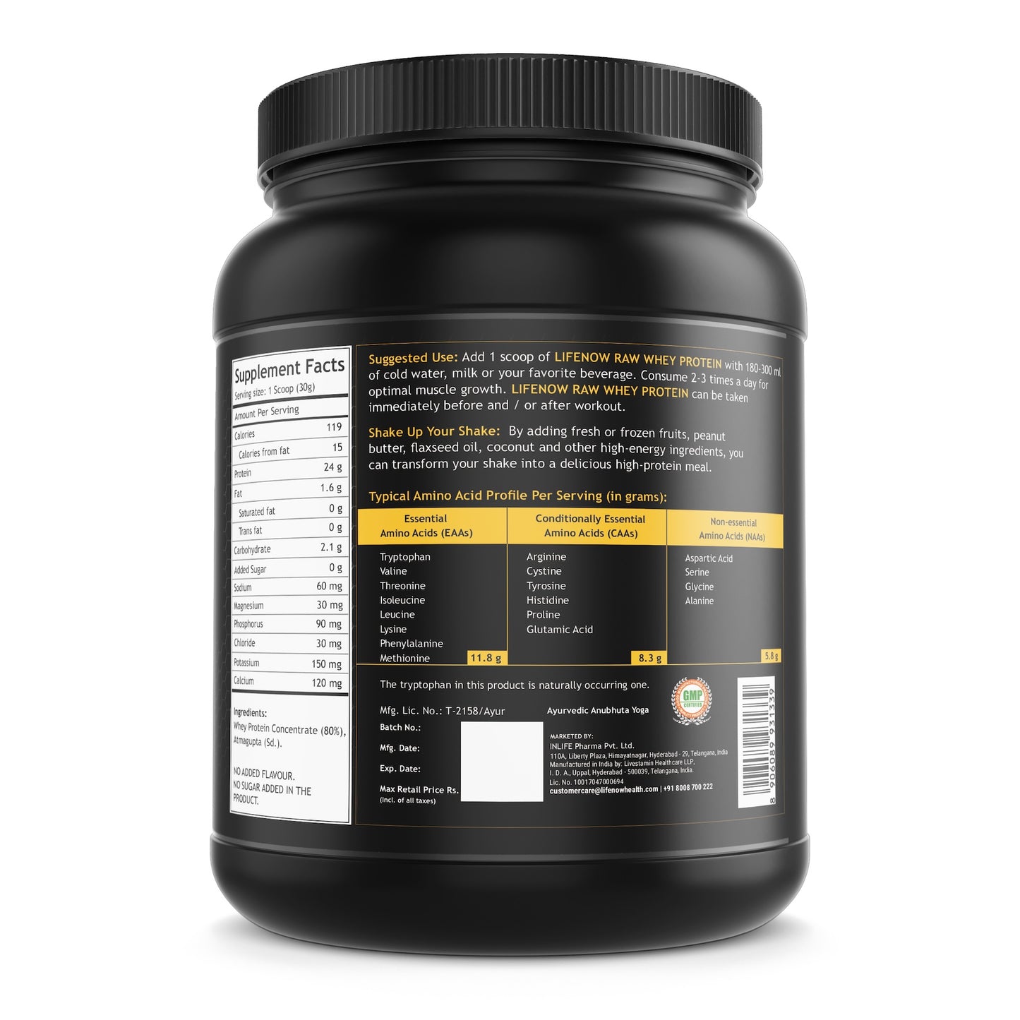 LIFENOW 100% Raw Whey Protein Concentrate Powder (Unflavoured)