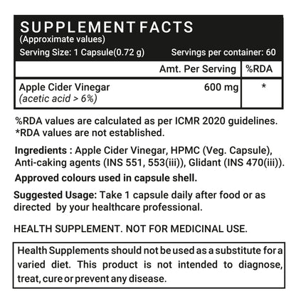 LIFENOW Apple Cider Vinegar Supplement, 600mg - 60 Vegetarian Capsules