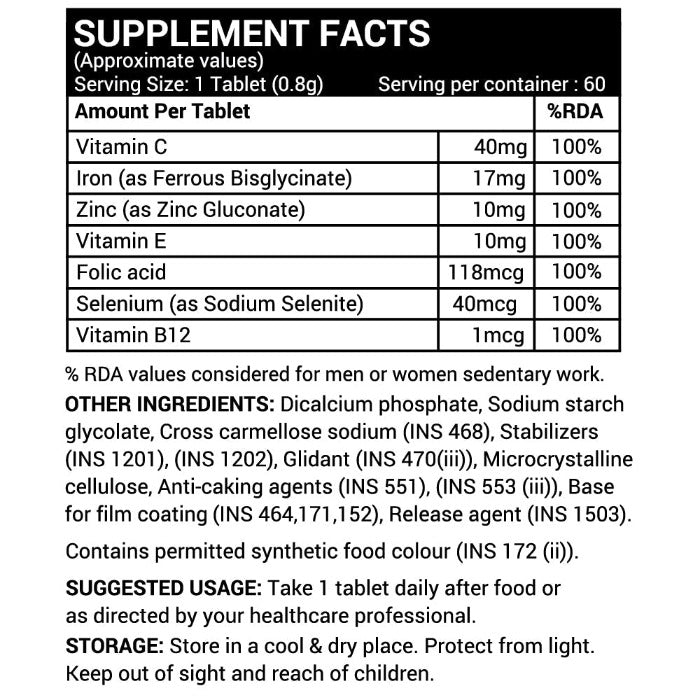 LIFENOW Chelated Iron Folic Acid Supplement with Vitamin C, E, B12, Zinc, Selenium- 60 Tablets