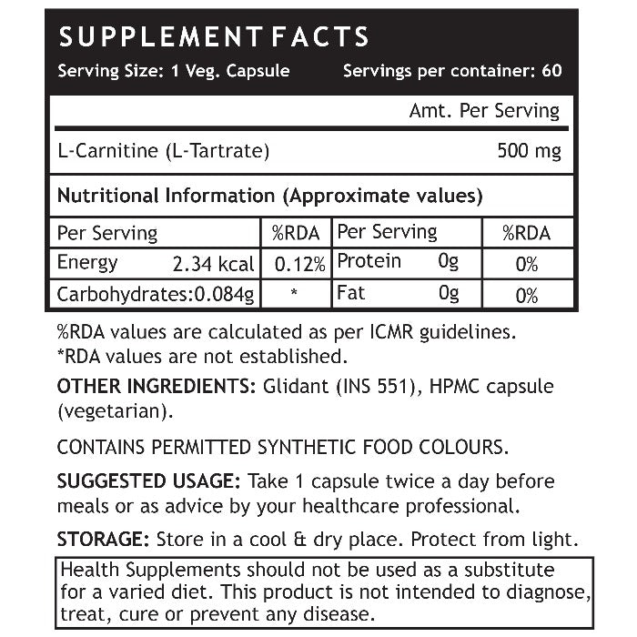 LIFENOW L-Carnitine L-Tartrate (500mg) Supplement, 60 Vegetarian Capsules